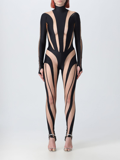 Mugler Paneled High Neck Mesh Jumpsuit In Black