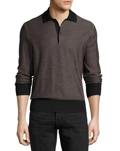 Tom Ford Micro-texture Long-sleeve Silk-merino Wool Polo Shirt, Brown/black