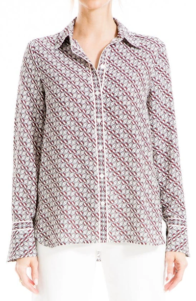 Max Studio Printed Long Sleeve Button-up Shirt In Burgundy Geo