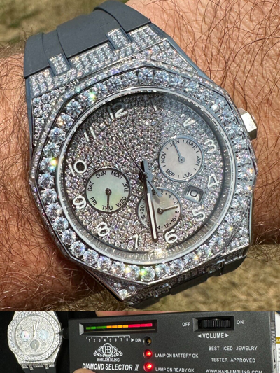 Pre-owned Hip Hop Real Moissanite Mens Watch Iced Skeleton Back 44mm  - Gray Silicone Band