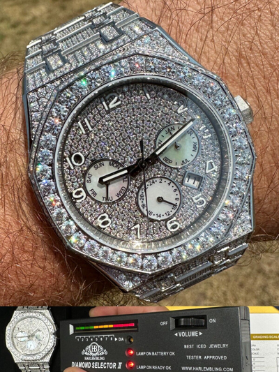 Pre-owned Hip Hop Real Moissanite Mens Watch Iced Skeleton Back 44mm  Passes Diamond Tester