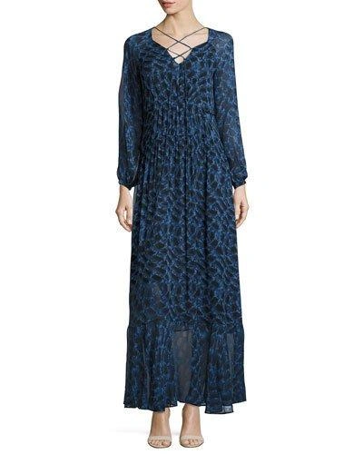 Derek Lam Python-print Long-sleeve Maxi Dress In Blue Allium