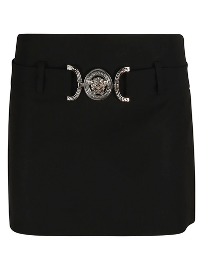 Versace Belted Grain De Poudre Wool Mini Skirt In Black