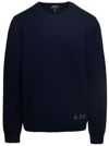 APC 'EDWARD' BLUE CREWNECK SWEATER WITH EMBROIDERED LOGO IN WOOL MAN