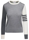 THOM BROWNE FUN MIX RELAXED FIT CREW NECK PULLOVER IN FINE MERINO WOOL W/ 4 BAR STRIPE
