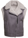 Brunello Cucinelli Suede Moto Vest With Soft Shearling Lining In Grey