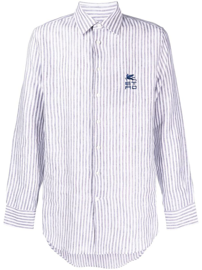 Etro Striped Linen Shirt With Cube Logo In Blue