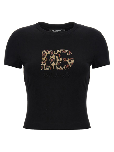 Dolce & Gabbana Short T-shirt With Fusible-rhinestone Dg Logo In Black