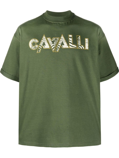 Roberto Cavalli Zebra-print Logo T-shirt In Green
