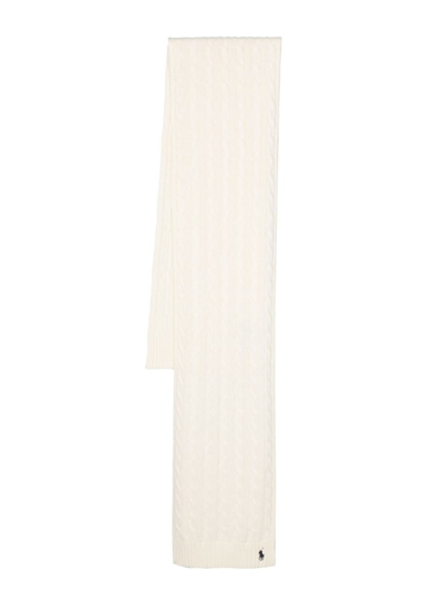 Polo Ralph Lauren Embroidered-logo Cable-knit Scarf In Neutrals