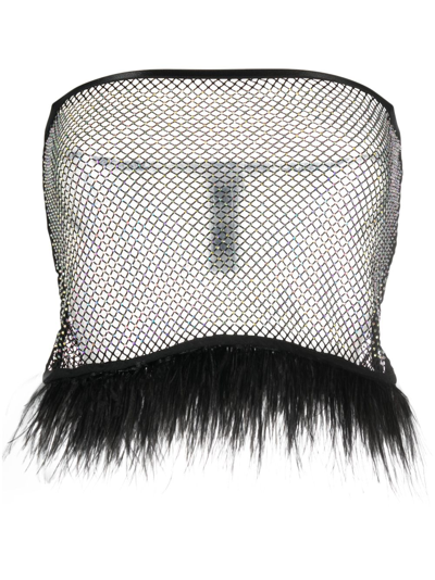 Patrizia Pepe Feather-trim Rhinestone Mesh Top In Black