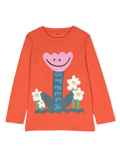 Stella Mccartney Kids' Smiley Tulip 花卉印花棉t恤 In Orange