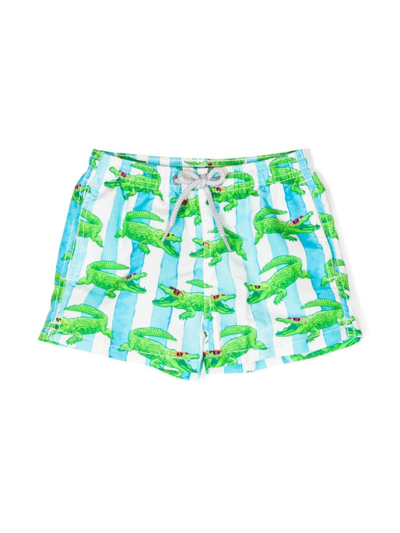 Mc2 Saint Barth Kids' Alligator-print Striped Swim Shorts In Blue