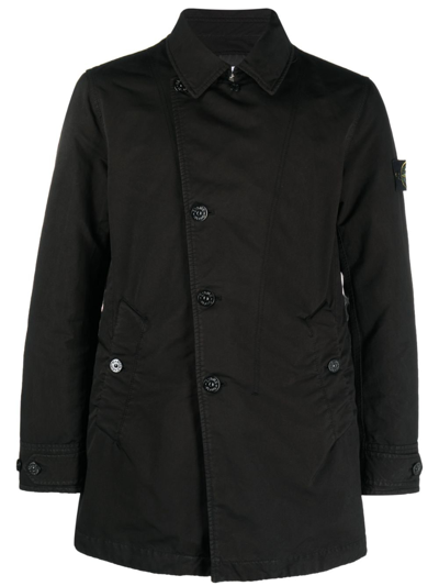 Stone Island Compass-patch Single-breasted Coat In Black