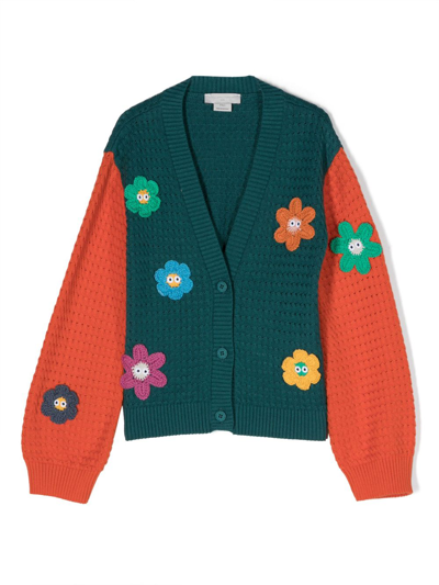 Stella Mccartney Kids' Floral-embroidered Crochet-knit Cardigan In Green