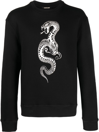 Roberto Cavalli Snake-print Cotton Sweatshirt In Black