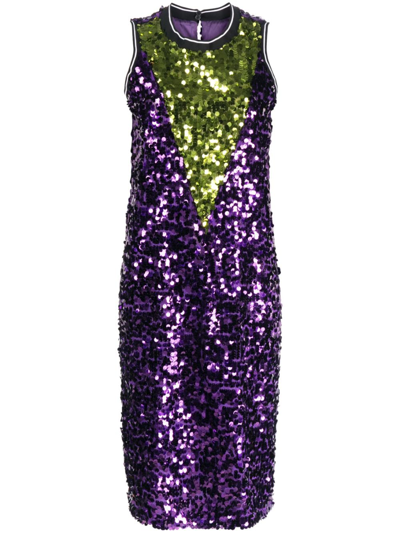 Plan C V-yoke Sequin Sleeveless Midi Dress In Purple