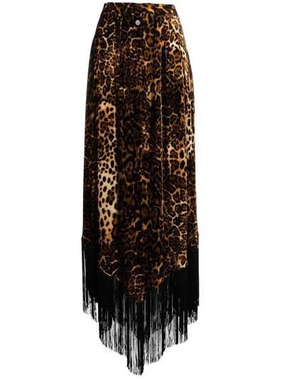 Roberto Cavalli Fringed Leopard-print Maxi Skirt In Orange