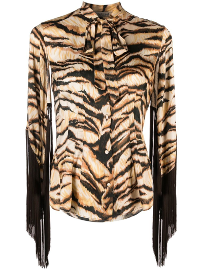 Roberto Cavalli Tiger-print Pussybow Shirt In Brown