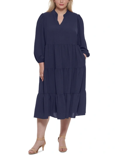 Jessica Howard Petites Womens Tiered Mid Calf Midi Dress In Blue