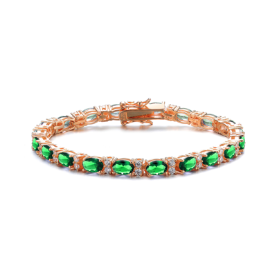 Genevive .925 Sterling Silver Rose Gold Plated Emerald Cubic Zirconia Tennis Bracelet In Green