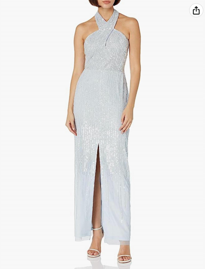 Adrianna Papell Halter Beaded Column Gown In Glacier In Grey