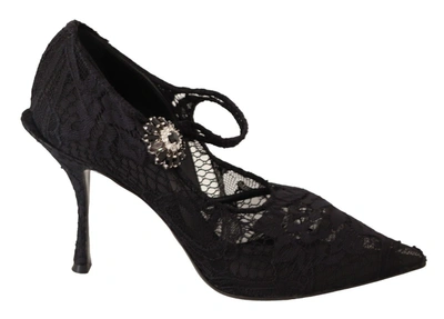Dolce & Gabbana Black Lace Crystals Heels Mary Jane Pumps