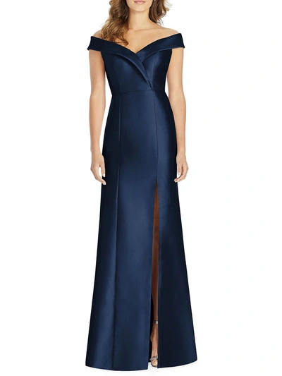 ALFRED SUNG WOMENS SATIN OFF-THE-SHOULDER EVENING DRESS