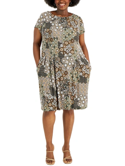 Connected Apparel Plus Womens Printed Short Sleeve Fit & Flare Dress In Green