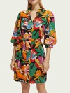Scotch & Soda Floral Puff Sleeve Linen Blend Shirtdress In Multi