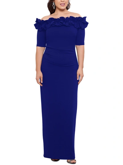 Xscape Plus Womens Ruffled Maxi Evening Dress In Blue