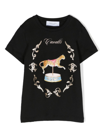 Roberto Cavalli Junior Kids' T-shirt Mit Zirkus-print In Black