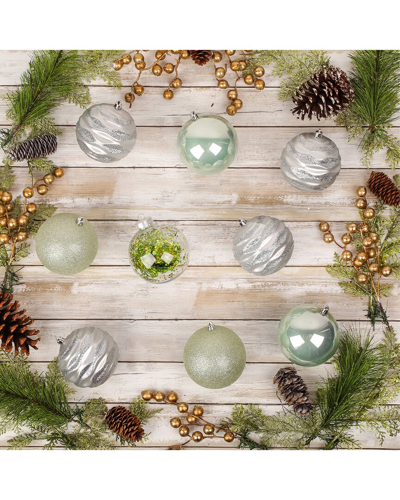 First Traditions Set Of 9 13in Mint & Silver Ball Ornaments In Green