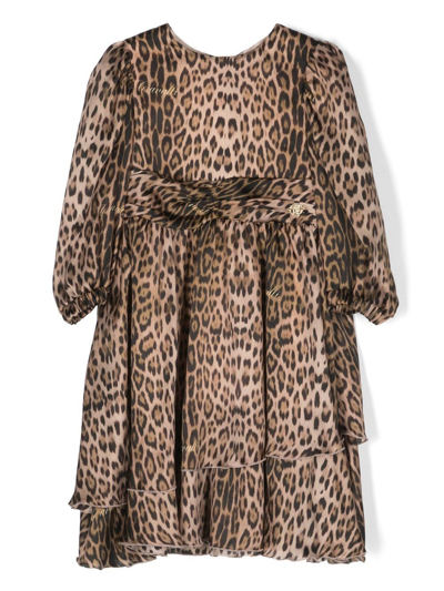 Roberto Cavalli Junior Kids' Leopard-print Long-sleeve Silk Dress In Neutrals