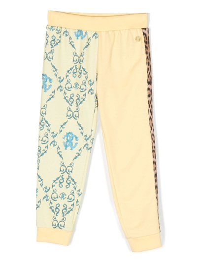 Roberto Cavalli Kids' Logo-print Cotton Trousers In Yellow