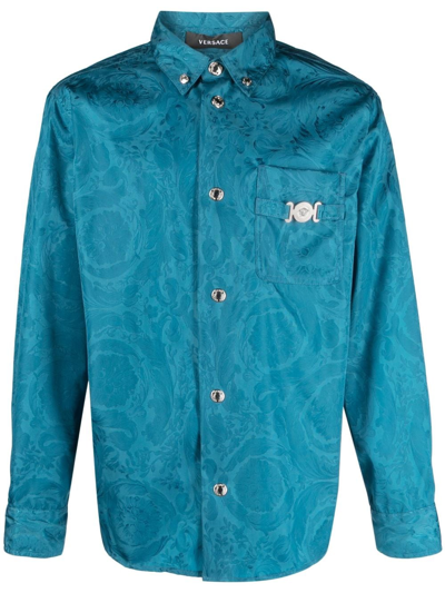 Versace Barocco-jacquard Long-sleeve Shirt In Blue