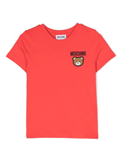 Moschino Kids' Leo Teddy Cotton T-shirt In Red