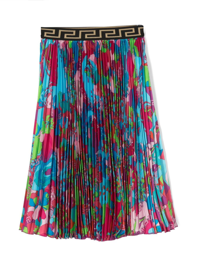 Versace Kids' Multicolour Floral Summer Print Pleated Skirt In Blue