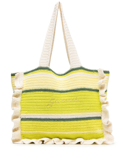 Ganni Cotton Crochet Frill Tote Bag In Tender Shoots