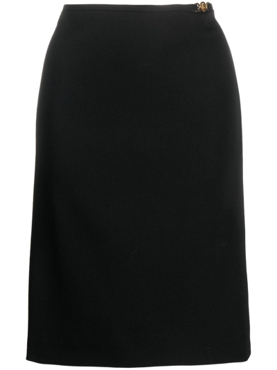 Versace Black Midi Skirt With Side Slit In Stretch Wool Woman In Black  