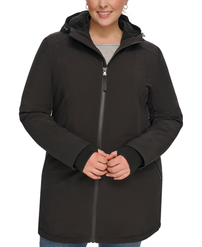 Calvin Klein Womens Plus Size Hooded Faux-fur-lined Anorak Raincoat, Created For Macys In Black