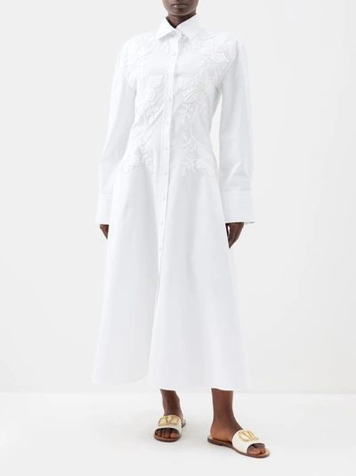 Valentino Floral-embroidered Cotton-poplin Midi Shirt Dress In Bianco