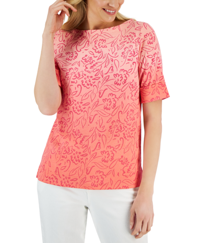 Karen Scott Women's Printed Ombre Elbow-sleeve Top, Created For Macy's In Strawberry Pink