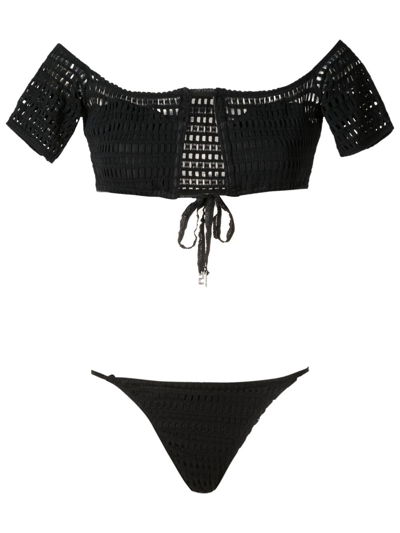 Amir Slama Open-knit Off-shoulder Bikini Set In Black