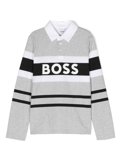 Bosswear Kids' Striped Logo-print Polo Shirt In Grey