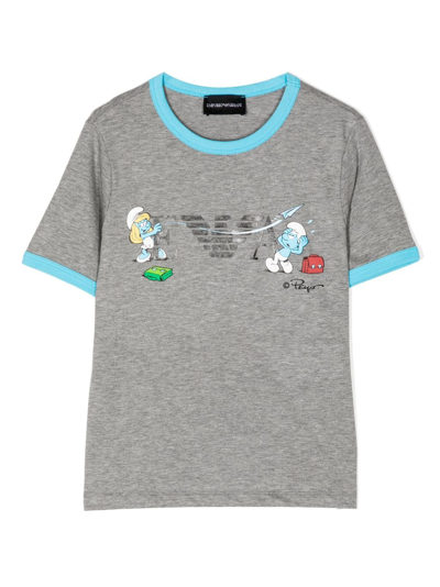 Emporio Armani Kids' X Smurfs Logo-print Cotton T-shirt In Grey