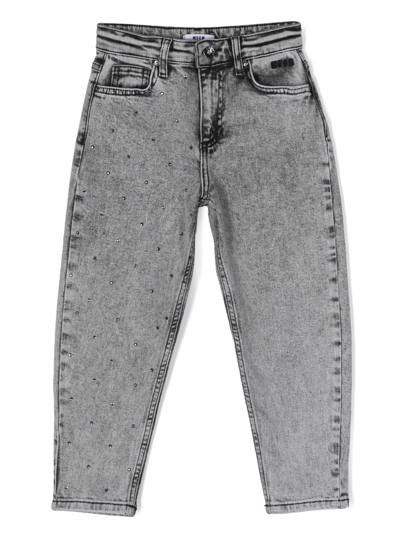 Msgm Kids' Embellished Cotton Denim Jeans In Grey