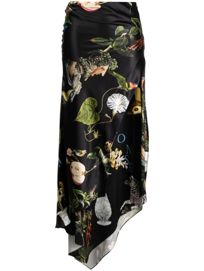 Monse Botanical-print Satin Draped Skirt In Black Print