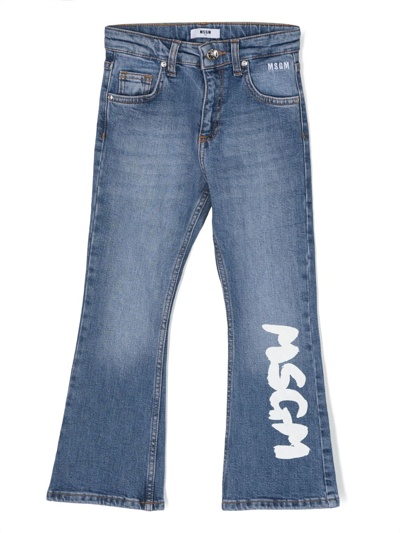 Msgm Kids' Logo-print Stretch-cotton Flared Jeans In Blue