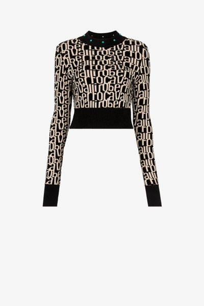 Roberto Cavalli Logo-intarisa Cropped Jumper In Black/white